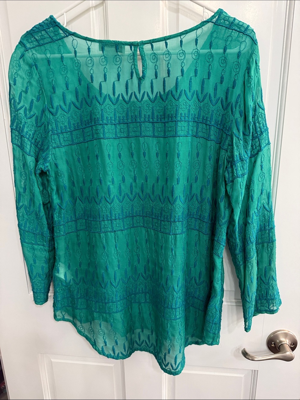 Lucky Brand Teal Sheer Embroidered Peasant Blouse - Picture 3 of 3